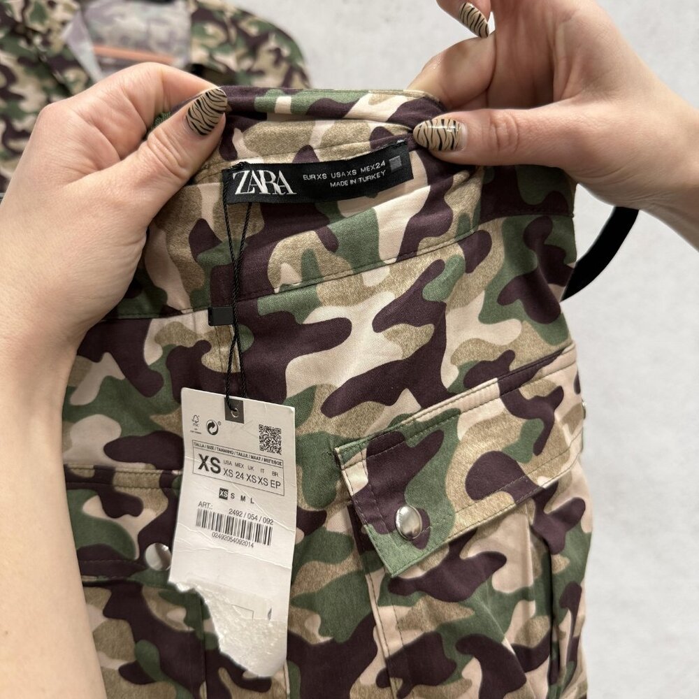 Zara Camo Shirt Skirt Set Womens XS Green Camouflage 2 Piece Military Utility - Picture 3 of 16
